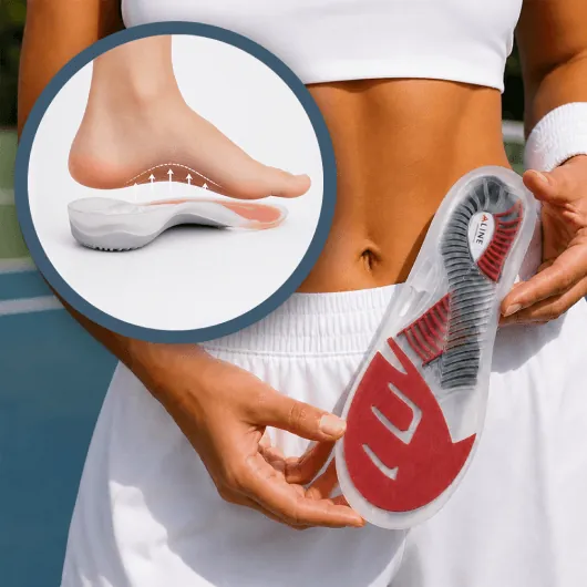 Hand placing an Aline Insole showing its arch support shape